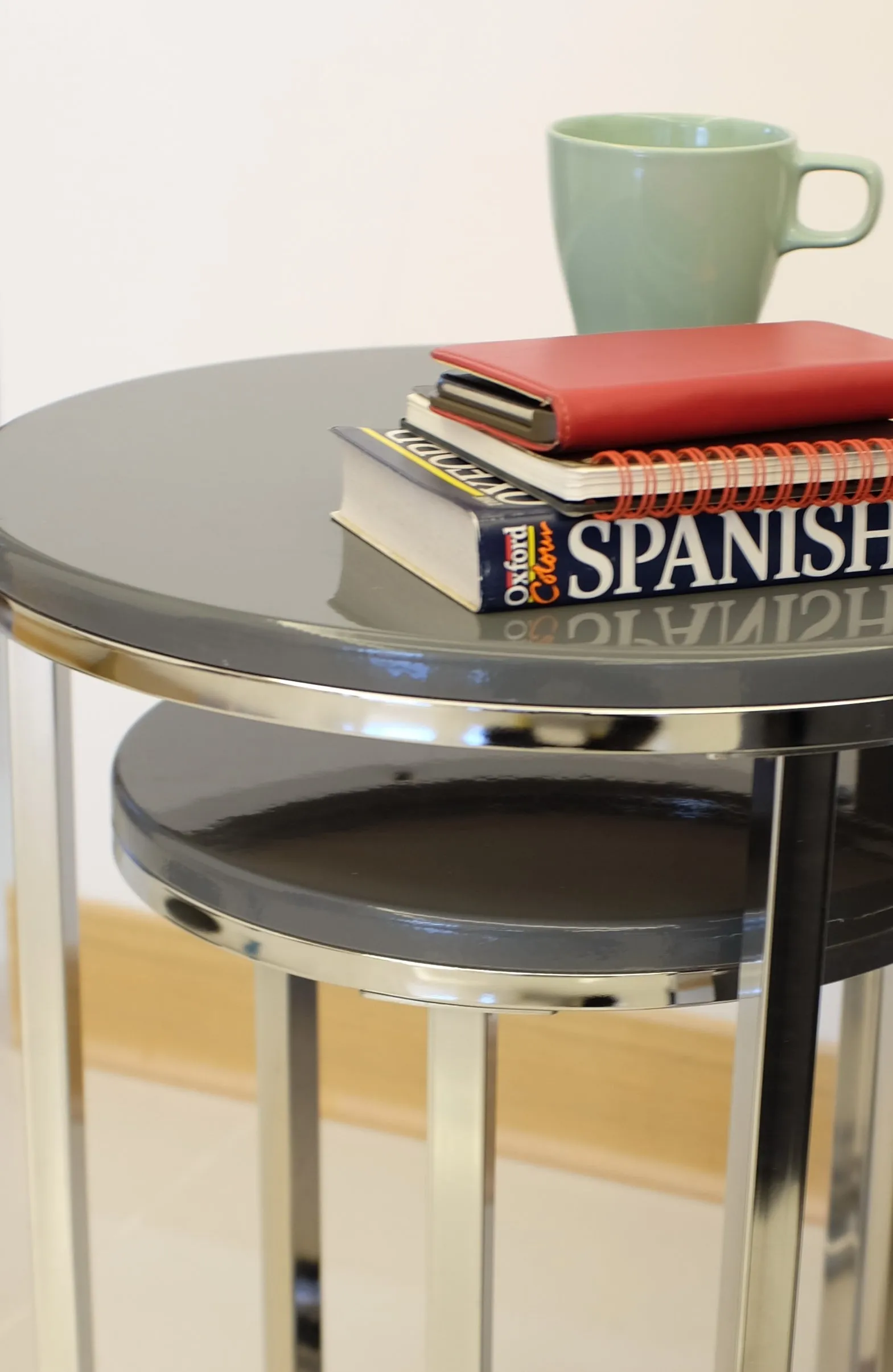 Paloma Set of 2 Round Nesting Tables, Glossy Grey Tops and Chrome Base