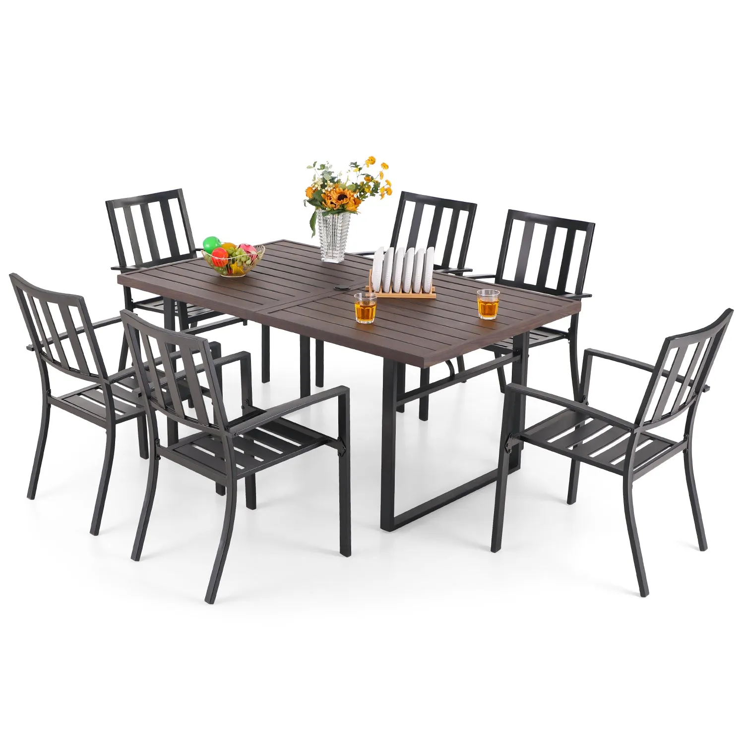 PHI VILLA 7-Piece Patio Dining Set 6 Stackable Chairs and Rectangle Table