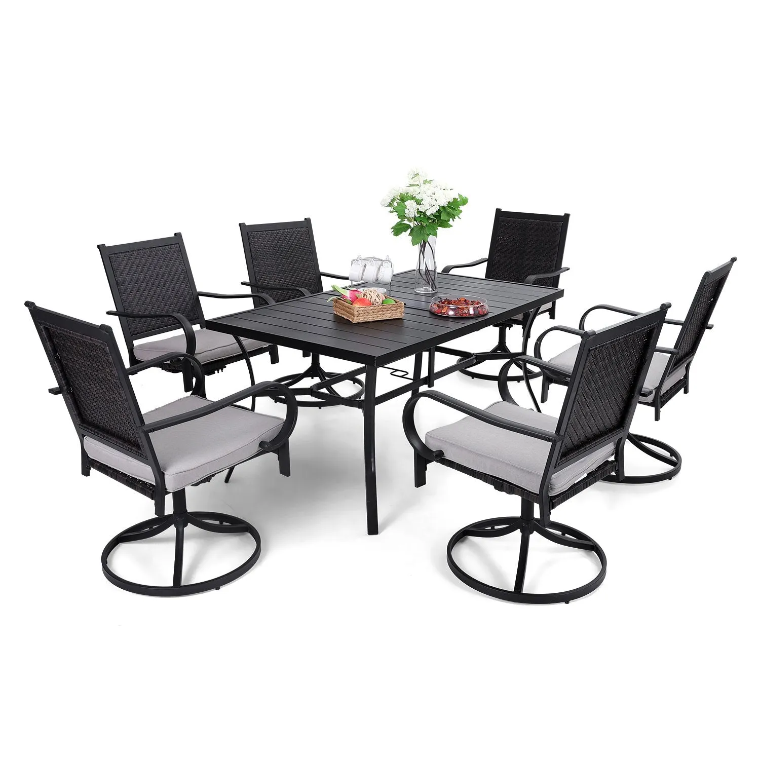 PHI VILLA 7-Piece Patio Dining Set Steel Panel Table & 6 Rattan Swivel Chairs