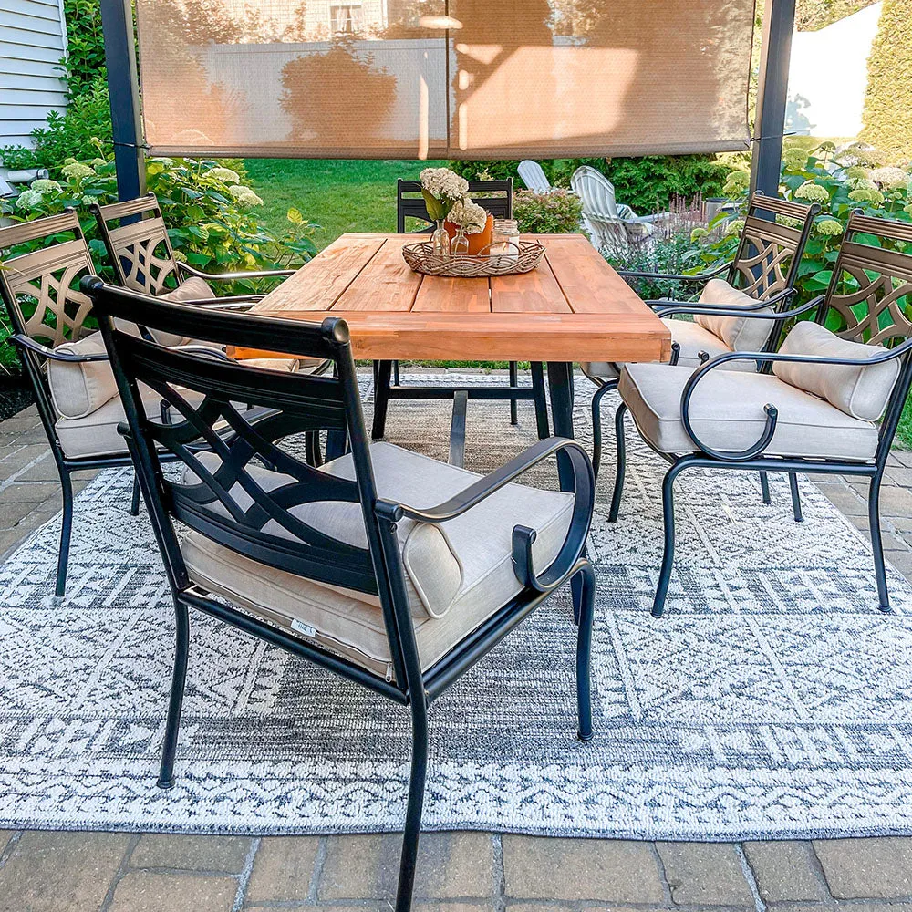 PHI VILLA 7 Piece Patio Dining Set with Acacia Wood Table & Steel Fixed Chairs