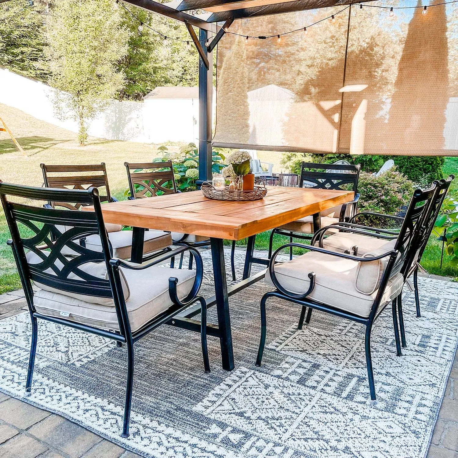 PHI VILLA 7 Piece Patio Dining Set with Acacia Wood Table & Steel Fixed Chairs