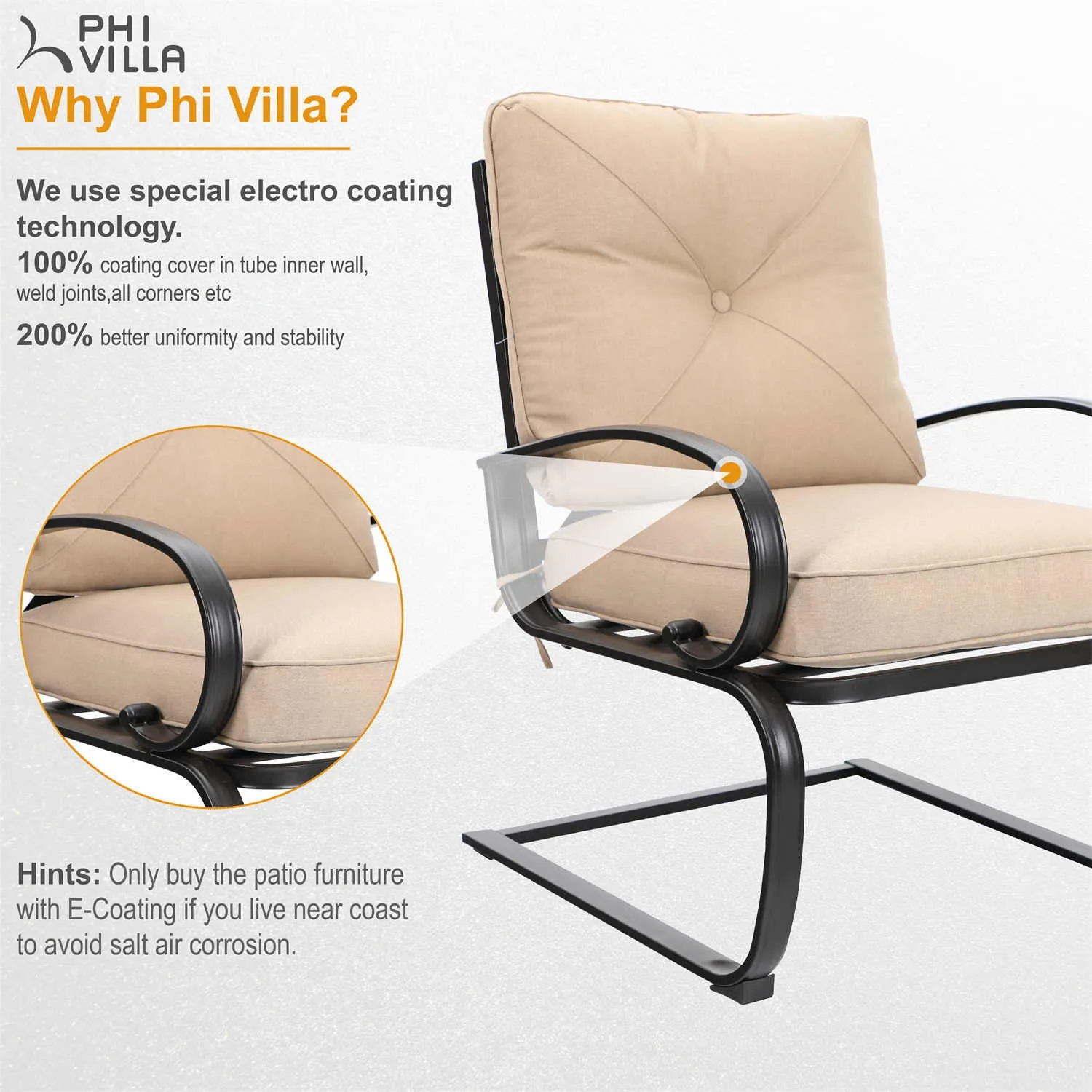 PHI VILLA C-Spring Metal Cushioned Lounge Chairs