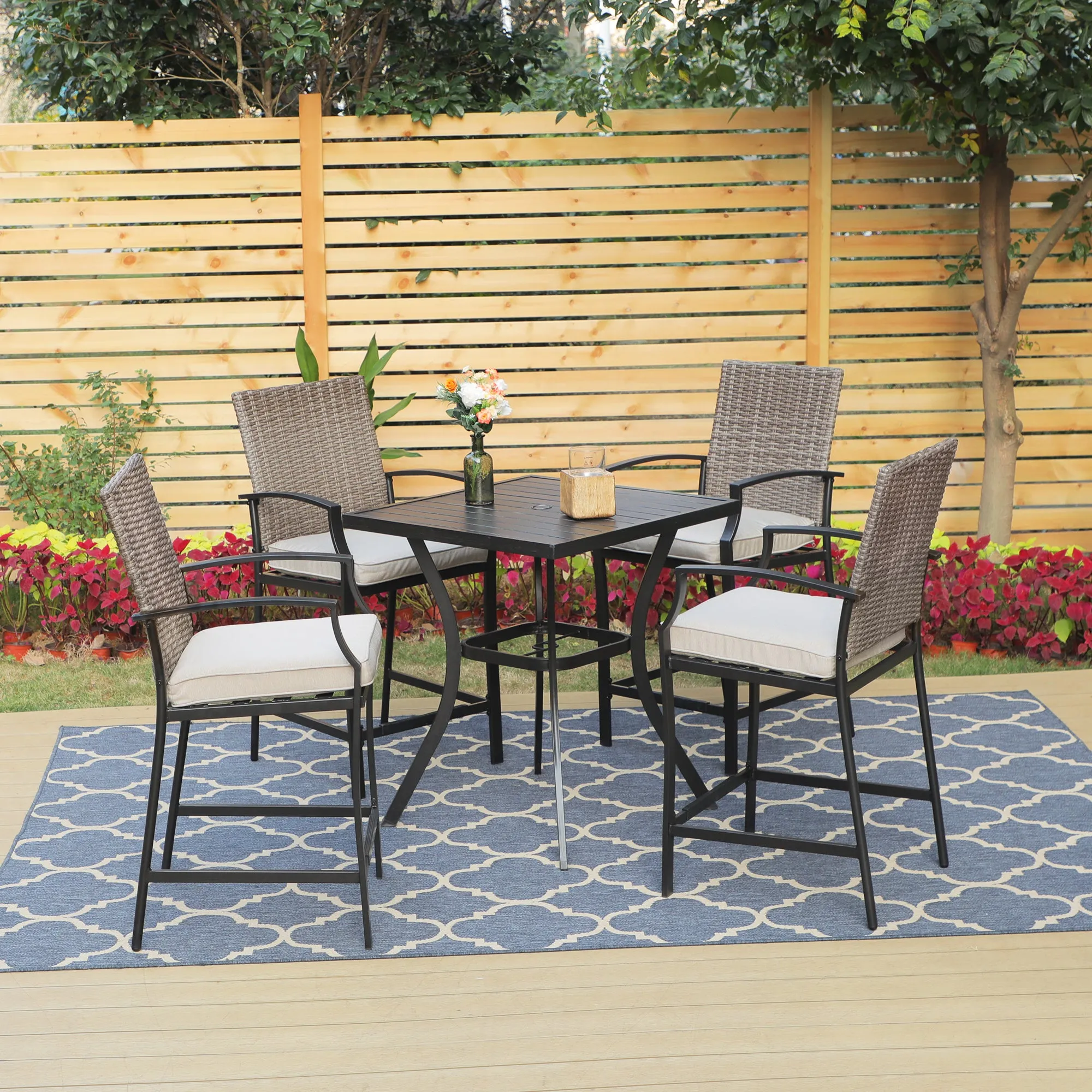 PHI VILLA Outdoor High Bar Stool Set Rattan Back & Cushioned Seat