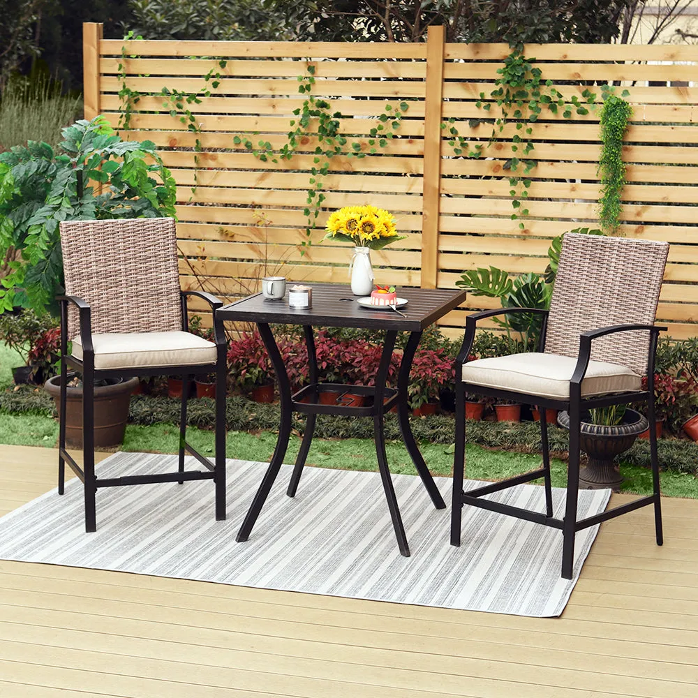 PHI VILLA Outdoor High Bar Stool Set Rattan Back & Cushioned Seat