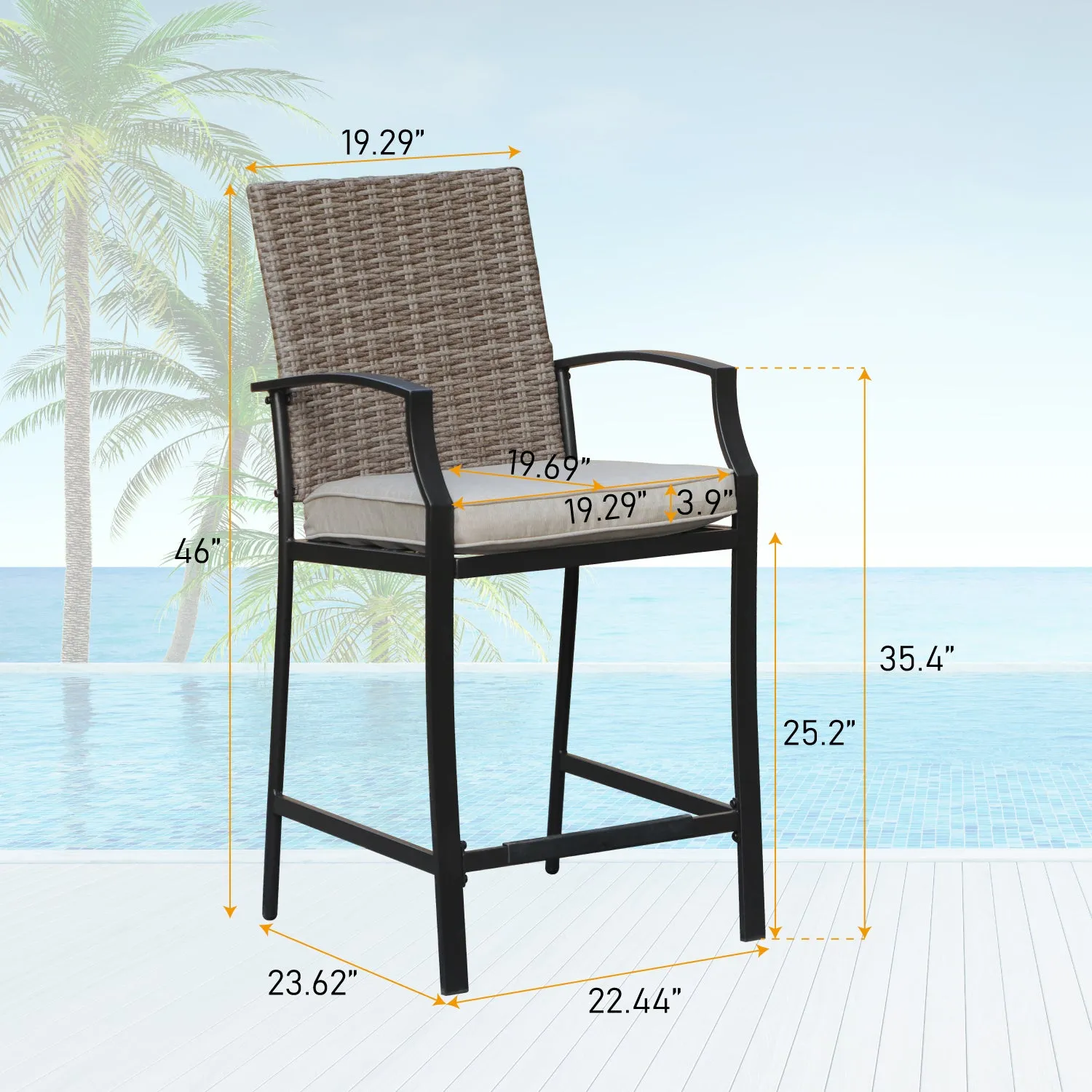 PHI VILLA Outdoor High Bar Stool Set Rattan Back & Cushioned Seat