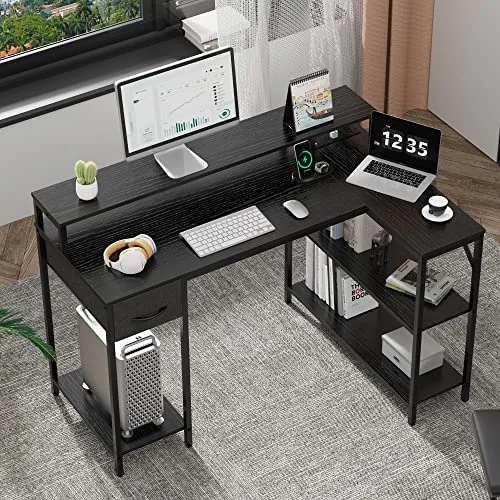 SUPERJARE L Shaped Gaming Desk with LED Lights & Power Outlets, Reversible Computer Desk with Shelves & Drawer, Corner Desk Home Office Desk, Black