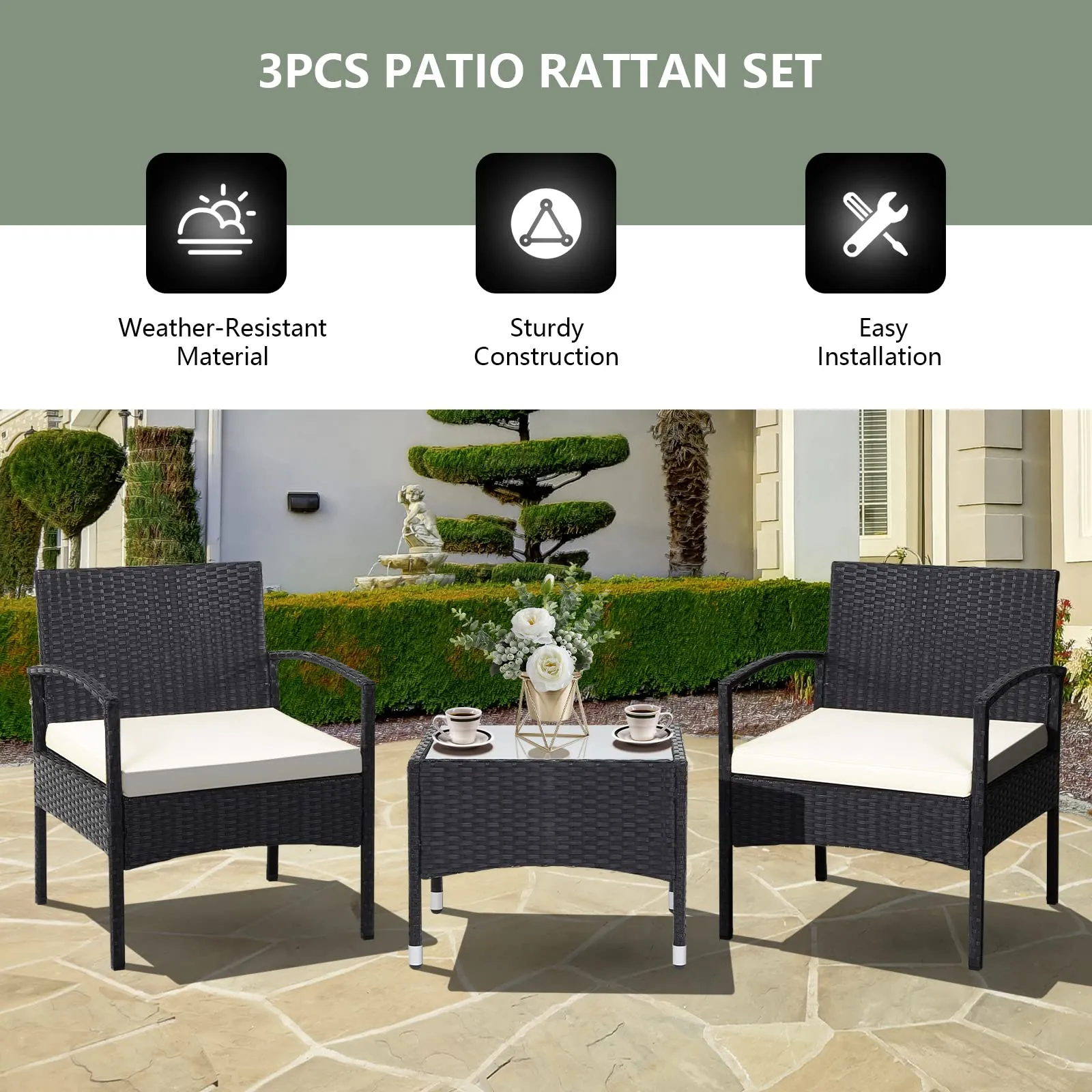 Tangkula 3 Pieces Patio Rattan Conversation Set