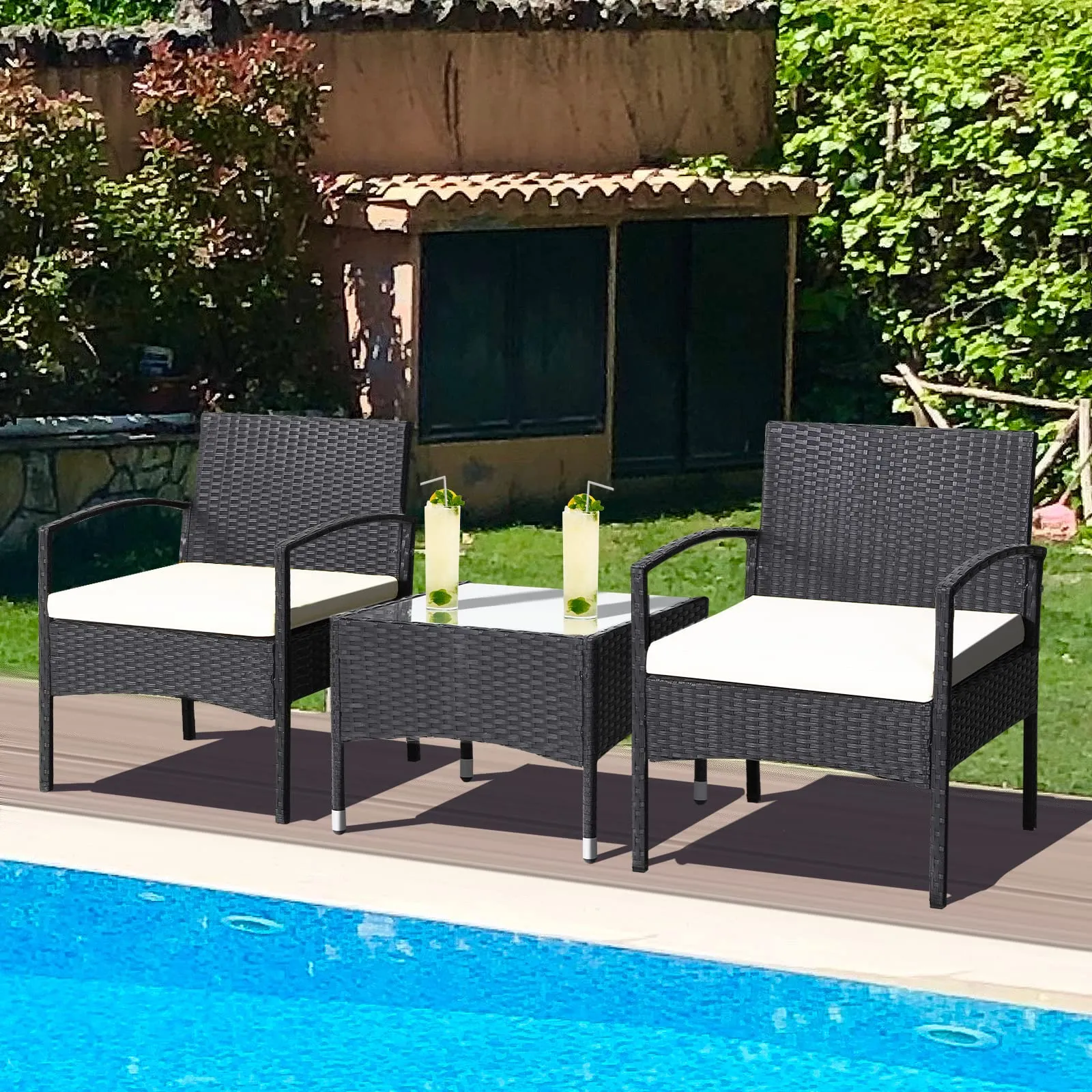 Tangkula 3 Pieces Patio Rattan Conversation Set