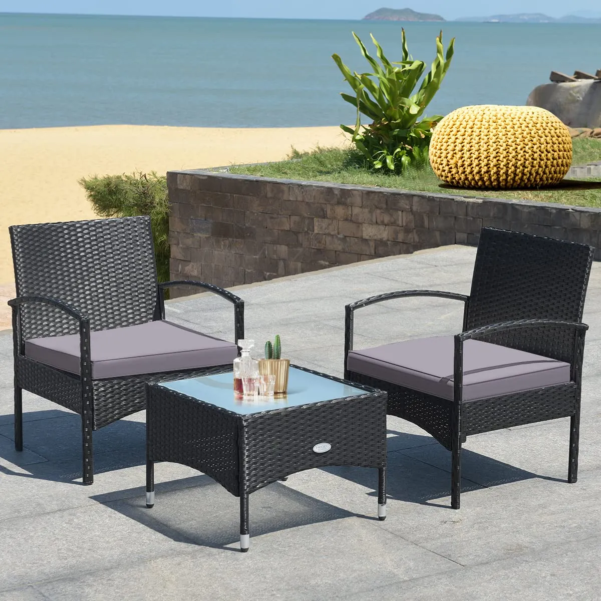 Tangkula 3 Pieces Patio Rattan Conversation Set