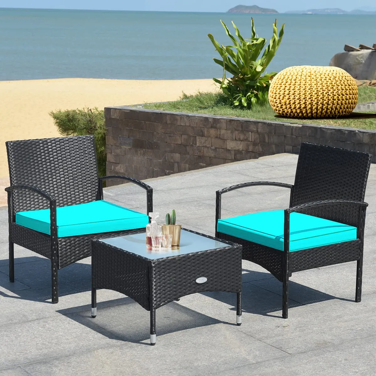 Tangkula 3 Pieces Patio Rattan Conversation Set