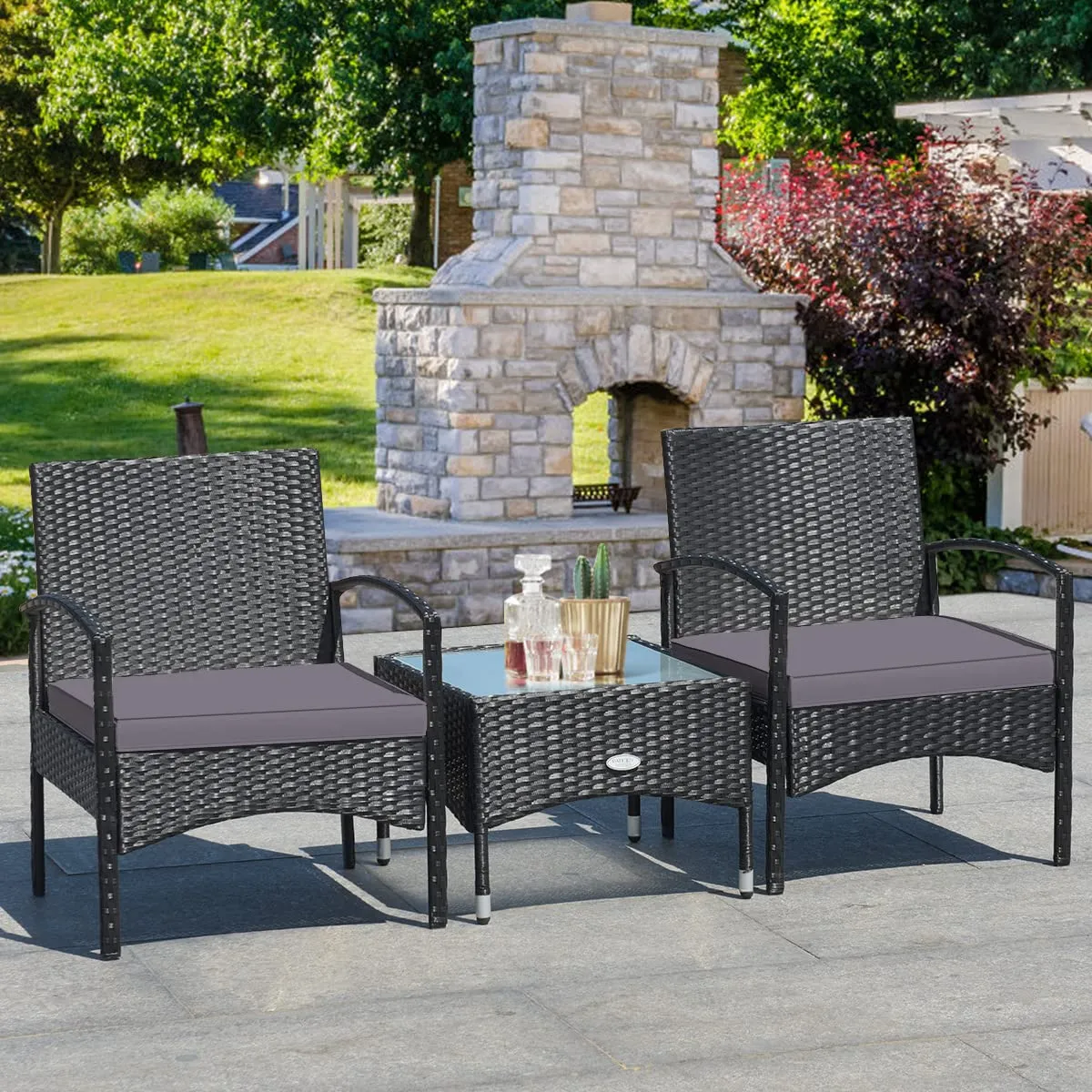 Tangkula 3 Pieces Patio Rattan Conversation Set