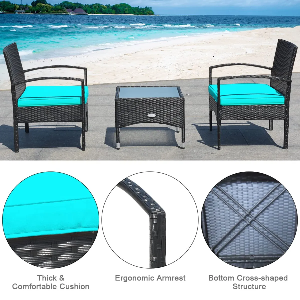 Tangkula 3 Pieces Patio Rattan Conversation Set