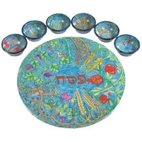 The Seven Species Wooden Passover Seder Plate & Six Small Bowls Hand Made in Israel By Emanuel