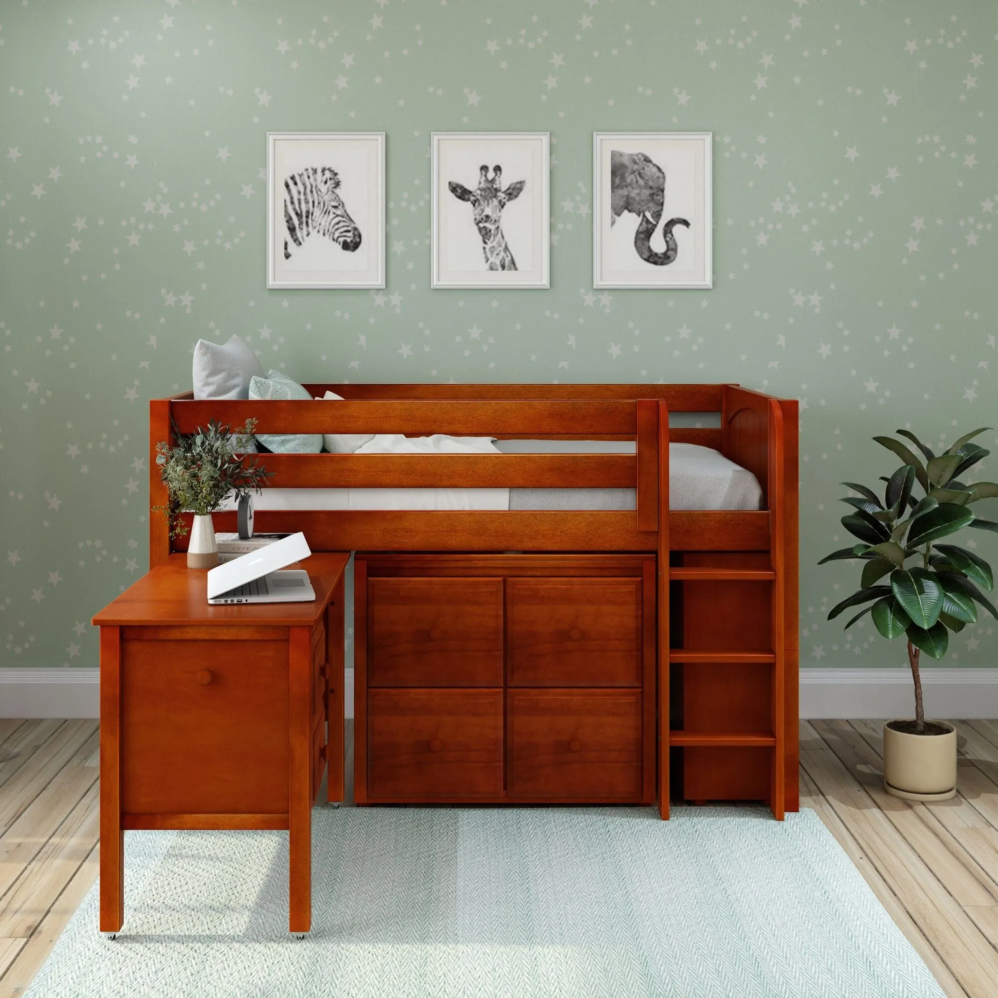 Twin Low Loft Bed with Straight Ladder with Storage