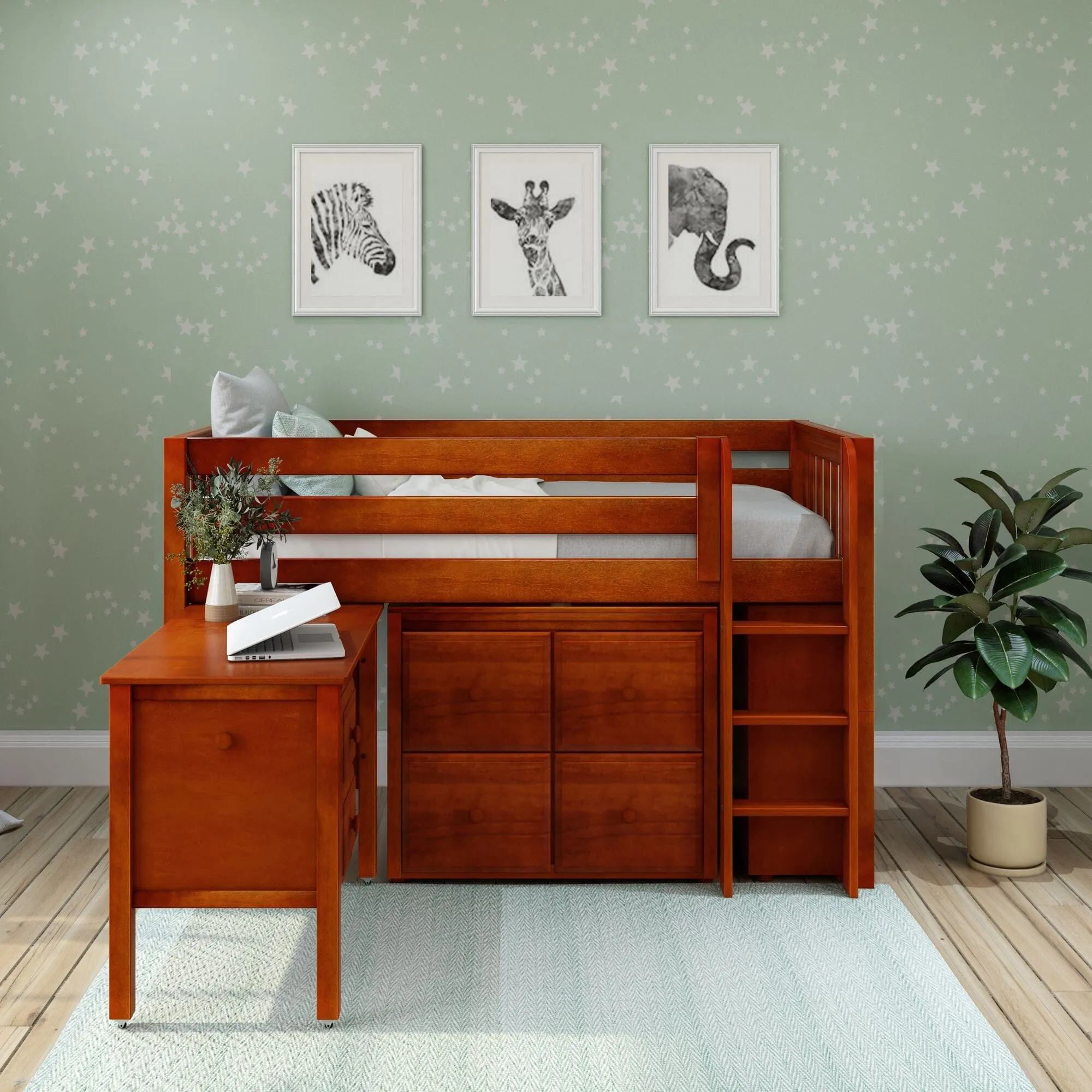 Twin Low Loft Bed with Straight Ladder with Storage