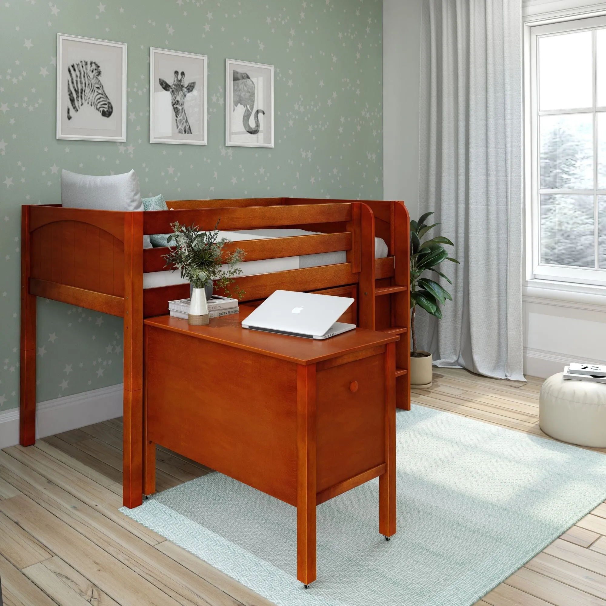 Twin Low Loft Bed with Straight Ladder with Storage