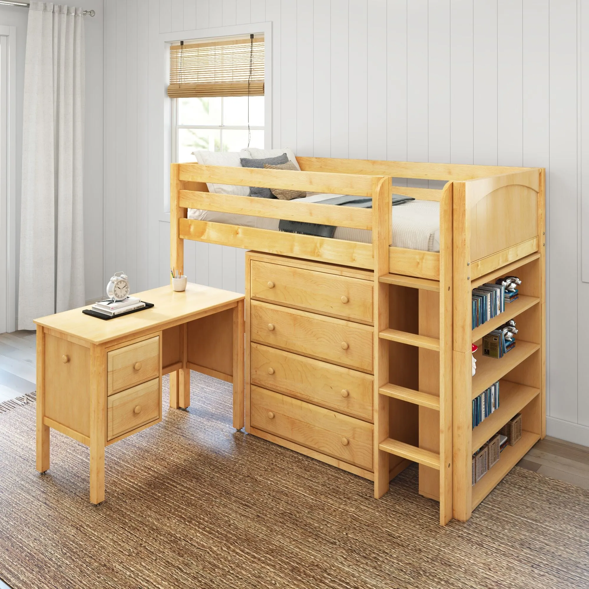 Twin Mid Loft Bed with Straight Ladder with Desk and Dressers