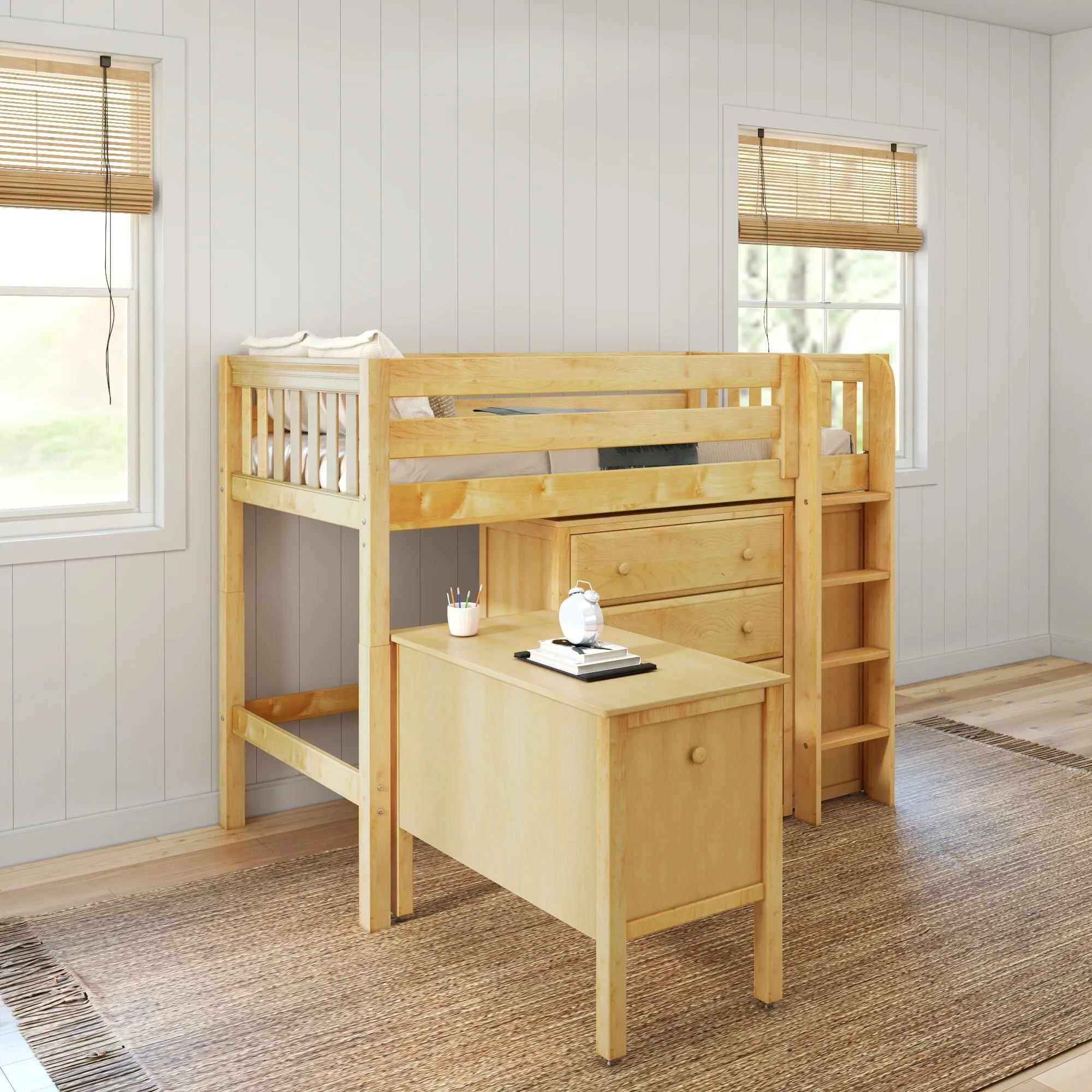 Twin Mid Loft Bed with Straight Ladder with Desk and Dressers