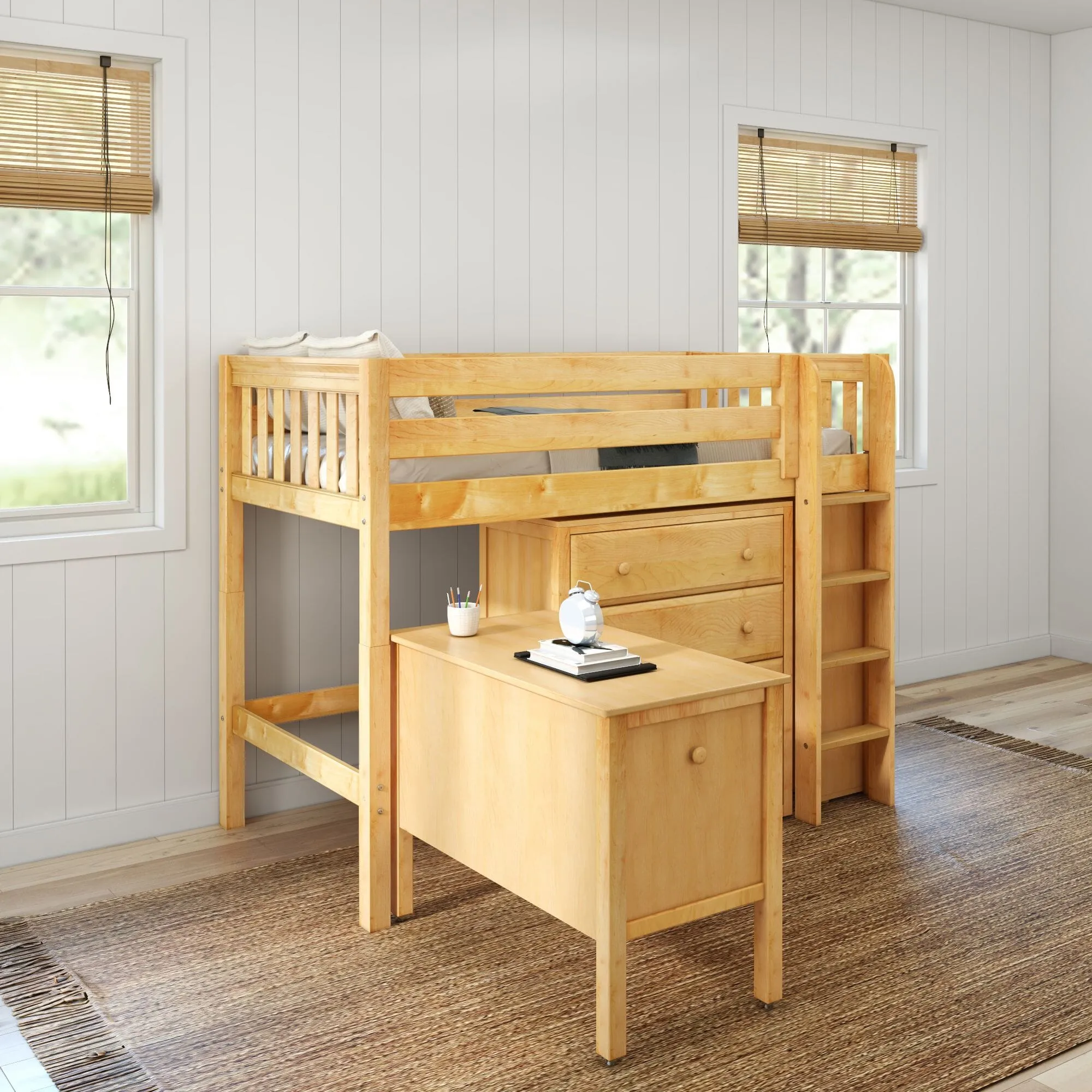 Twin Mid Loft Bed with Straight Ladder with Desk and Dressers