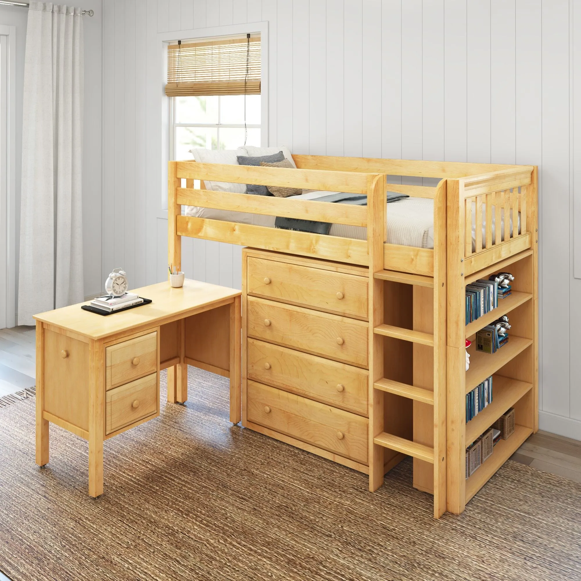 Twin Mid Loft Bed with Straight Ladder with Desk and Dressers