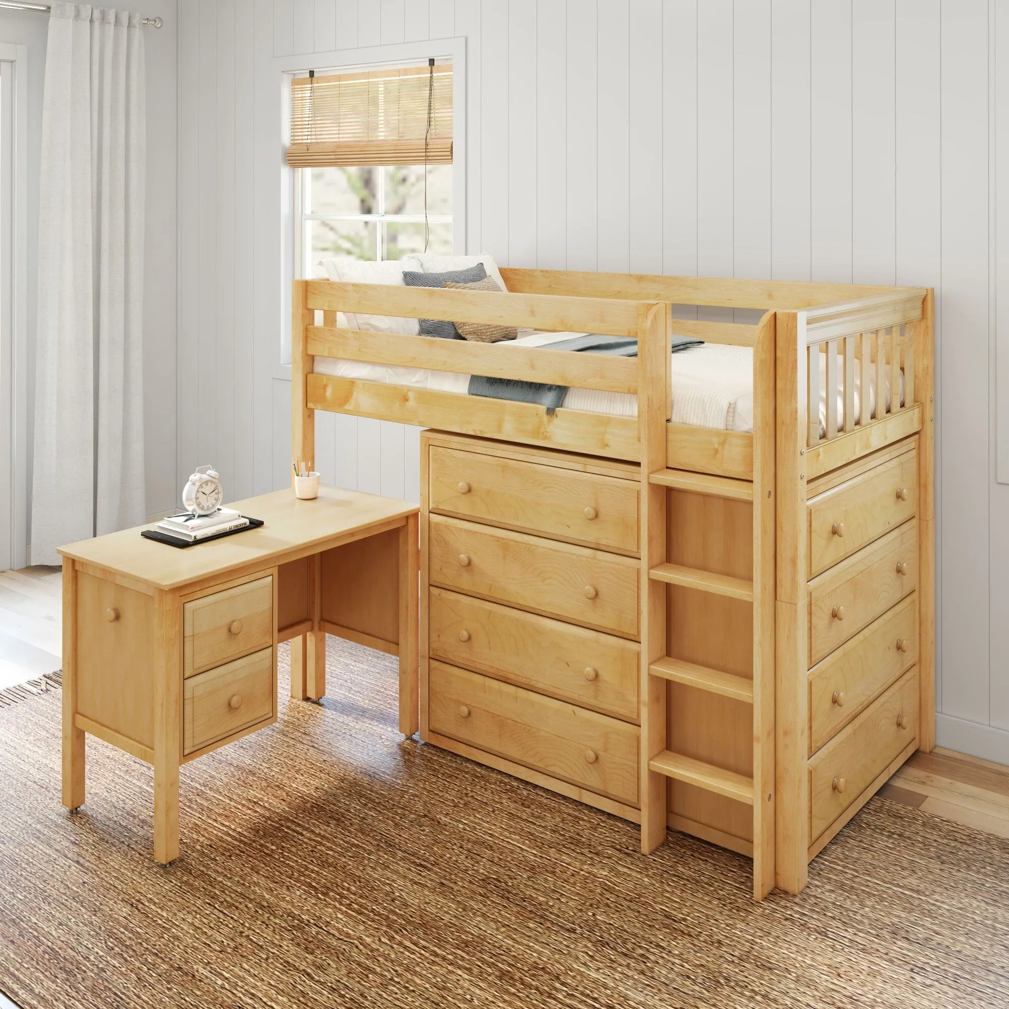 Twin Mid Loft Bed with Straight Ladder with Desk and Dressers