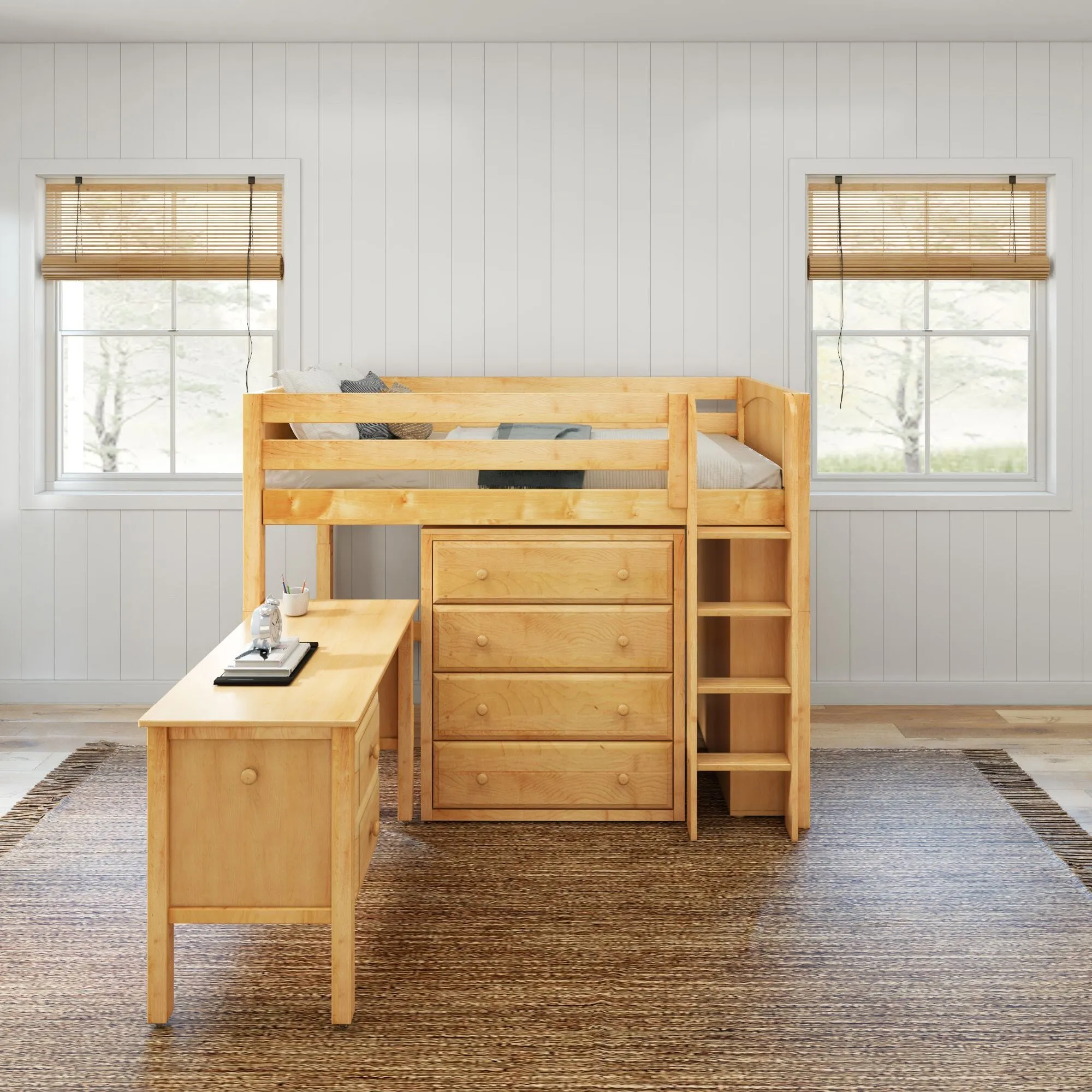 Twin Mid Loft Bed with Straight Ladder with Desk and Dressers