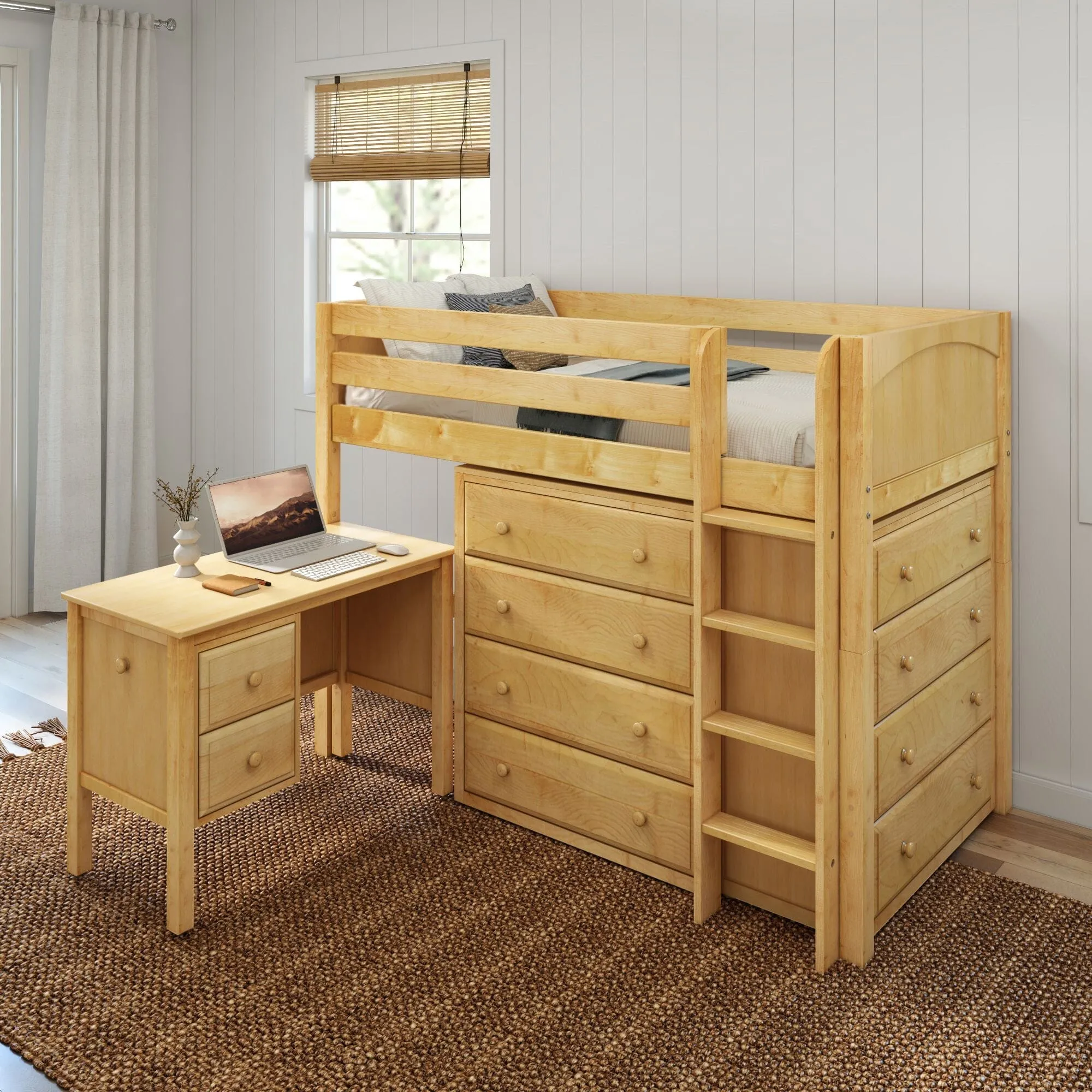 Twin Mid Loft Bed with Straight Ladder with Desk and Dressers