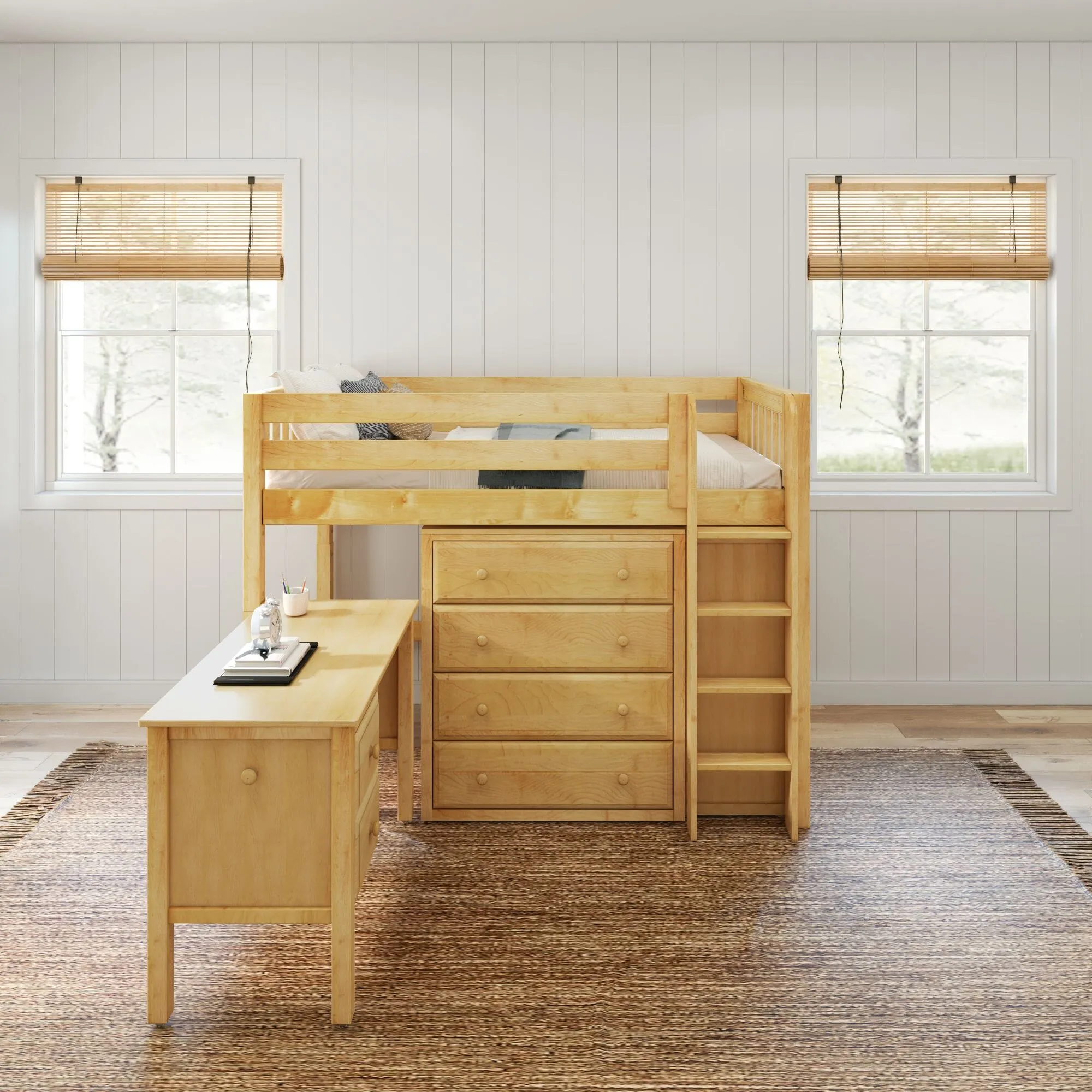 Twin Mid Loft Bed with Straight Ladder with Desk and Dressers