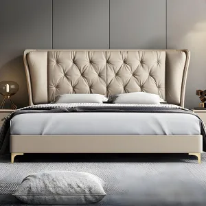 Vandana Interiors Modern Beige Genuine Leather Modern Upholstered Modern Wingback Bed with Tufted Headboard and Wooden Slat Support