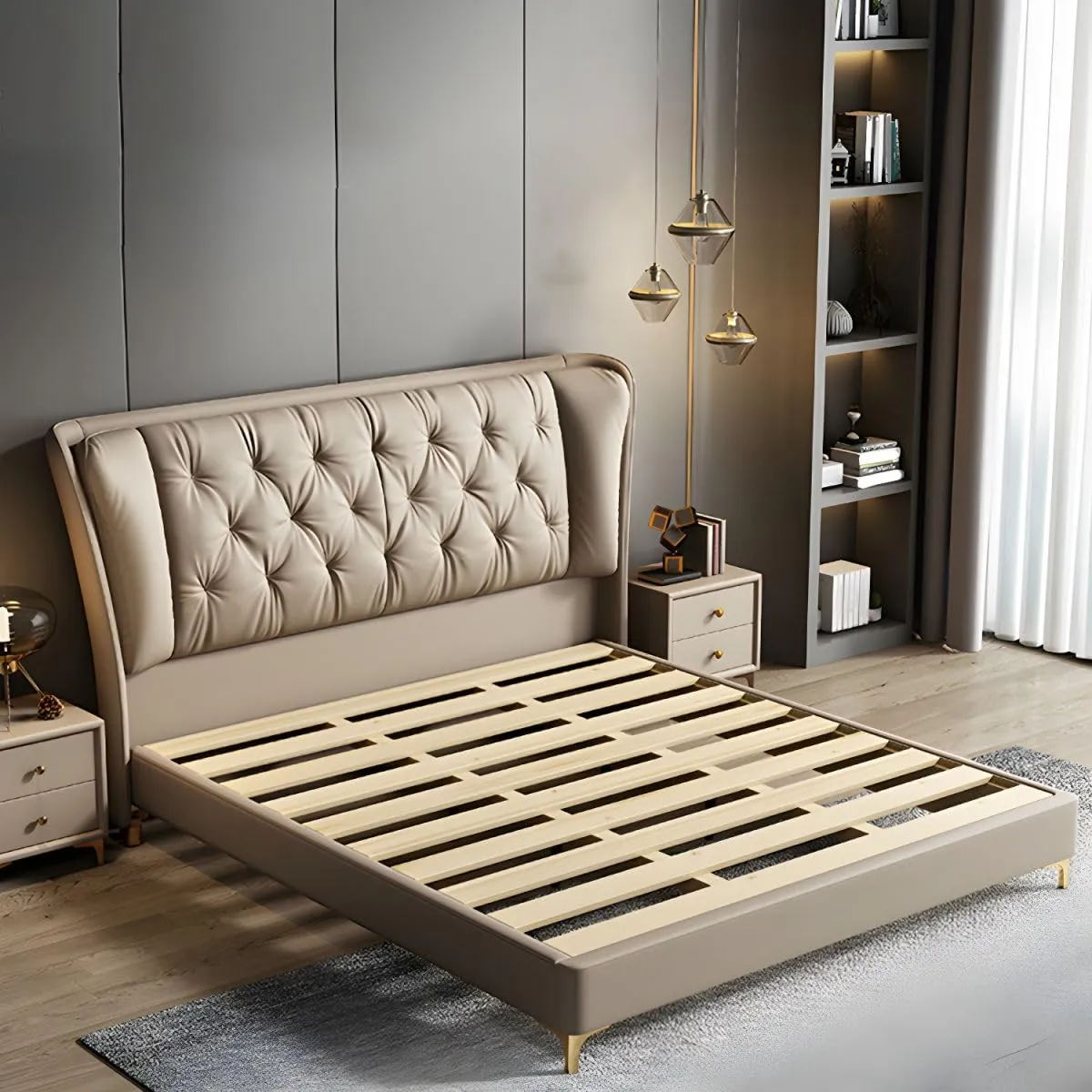 Vandana Interiors Modern Beige Genuine Leather Modern Upholstered Modern Wingback Bed with Tufted Headboard and Wooden Slat Support