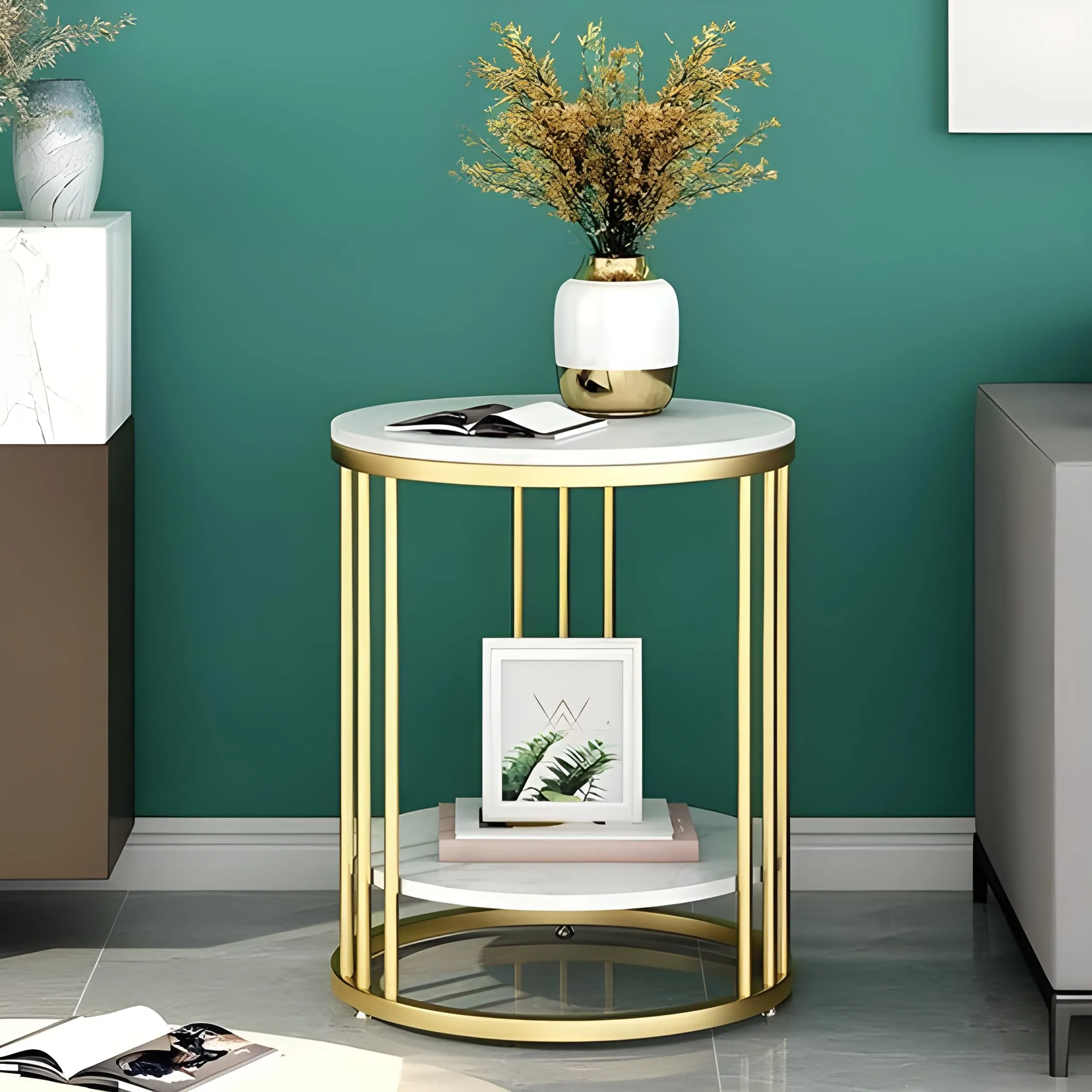 WOODEN ACCENTS Round Modern Side Table, Coffee Table, End Table | Faux Marble Pattern Wooden Top | Golden Metal Frame | 9 Pipe Table (Gold White)