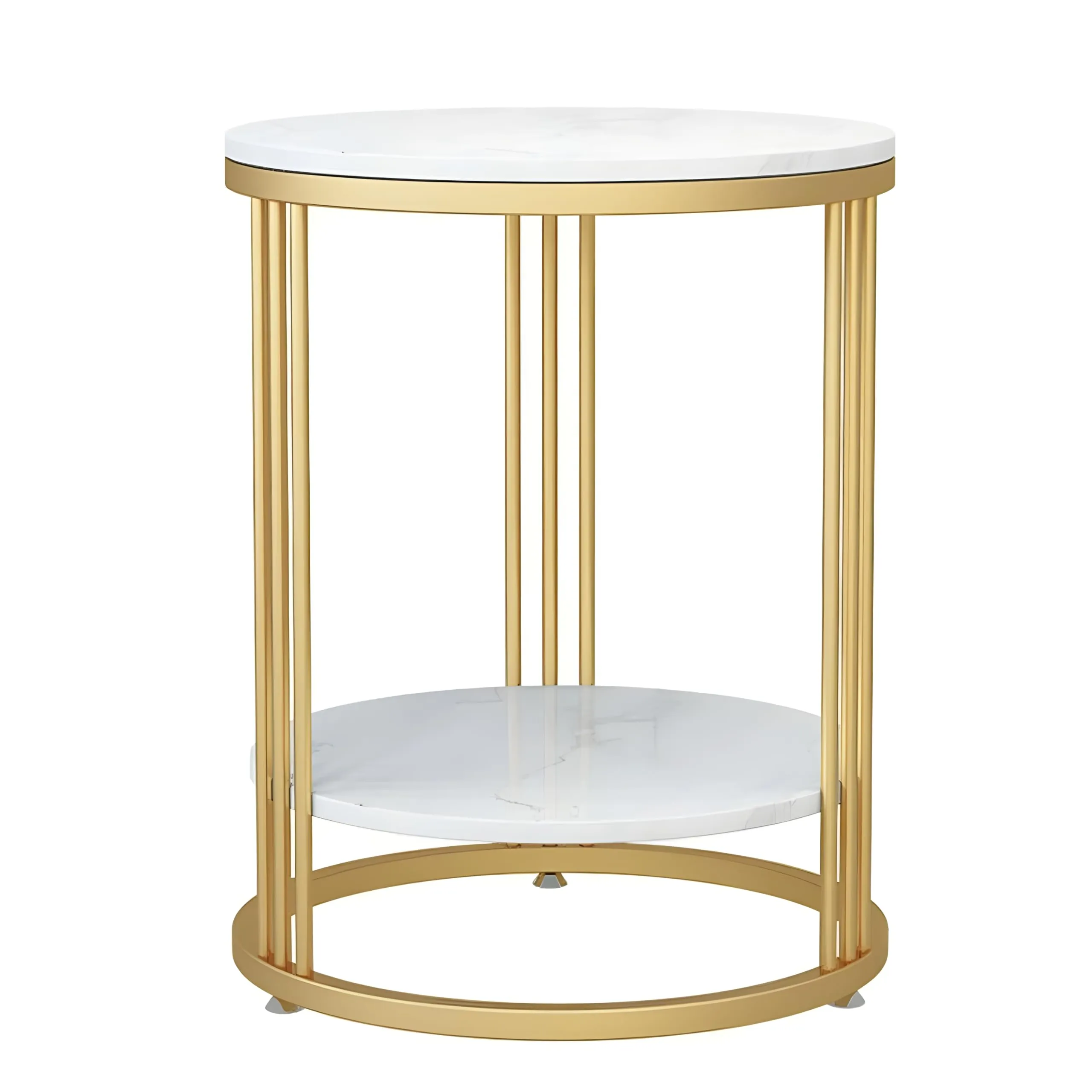 WOODEN ACCENTS Round Modern Side Table, Coffee Table, End Table | Faux Marble Pattern Wooden Top | Golden Metal Frame | 9 Pipe Table (Gold White)