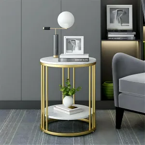 WOODEN ACCENTS Round Modern Side Table, Coffee Table, End Table | Faux Marble Pattern Wooden Top | Golden Metal Frame | 9 Pipe Table (Gold White)