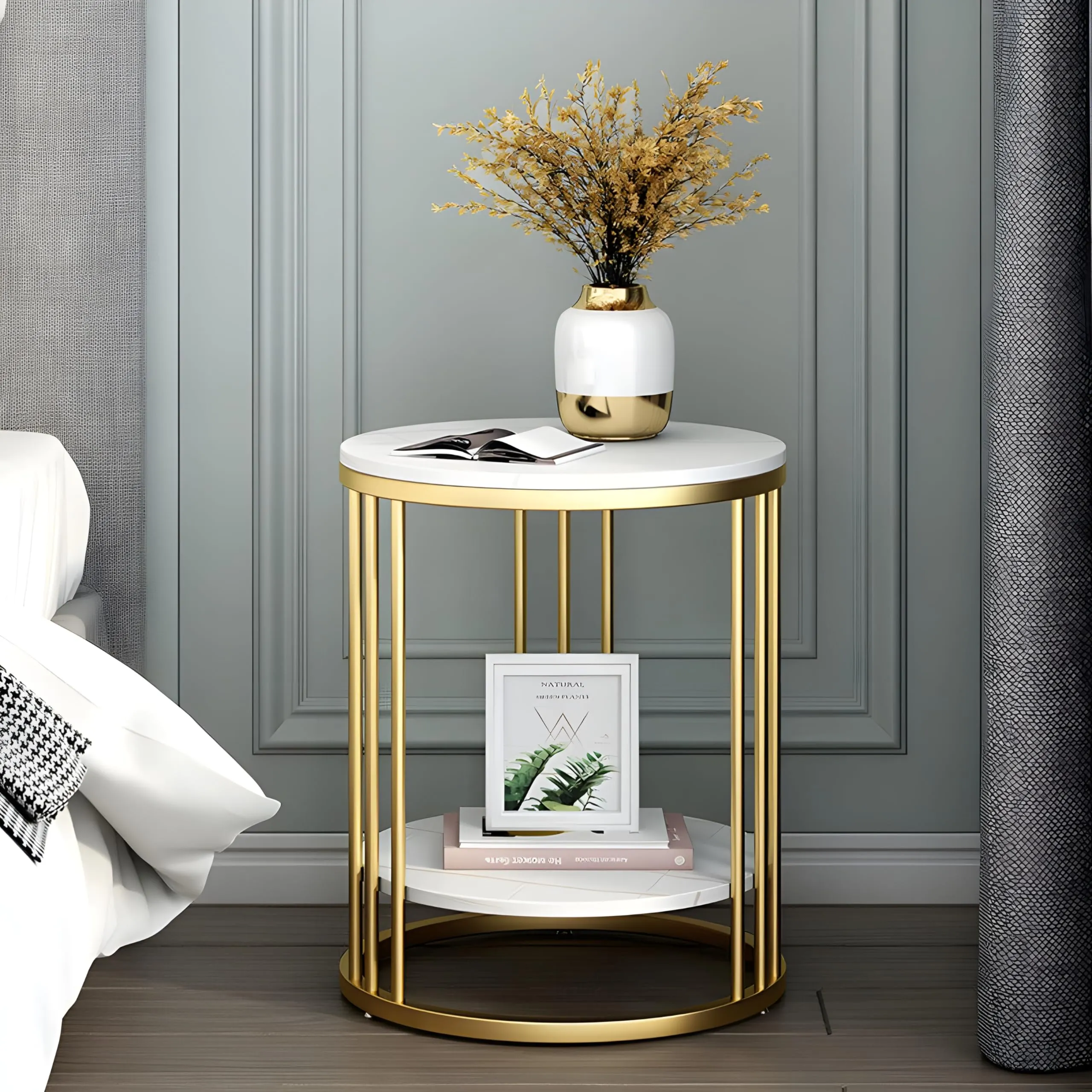 WOODEN ACCENTS Round Modern Side Table, Coffee Table, End Table | Faux Marble Pattern Wooden Top | Golden Metal Frame | 9 Pipe Table (Gold White)