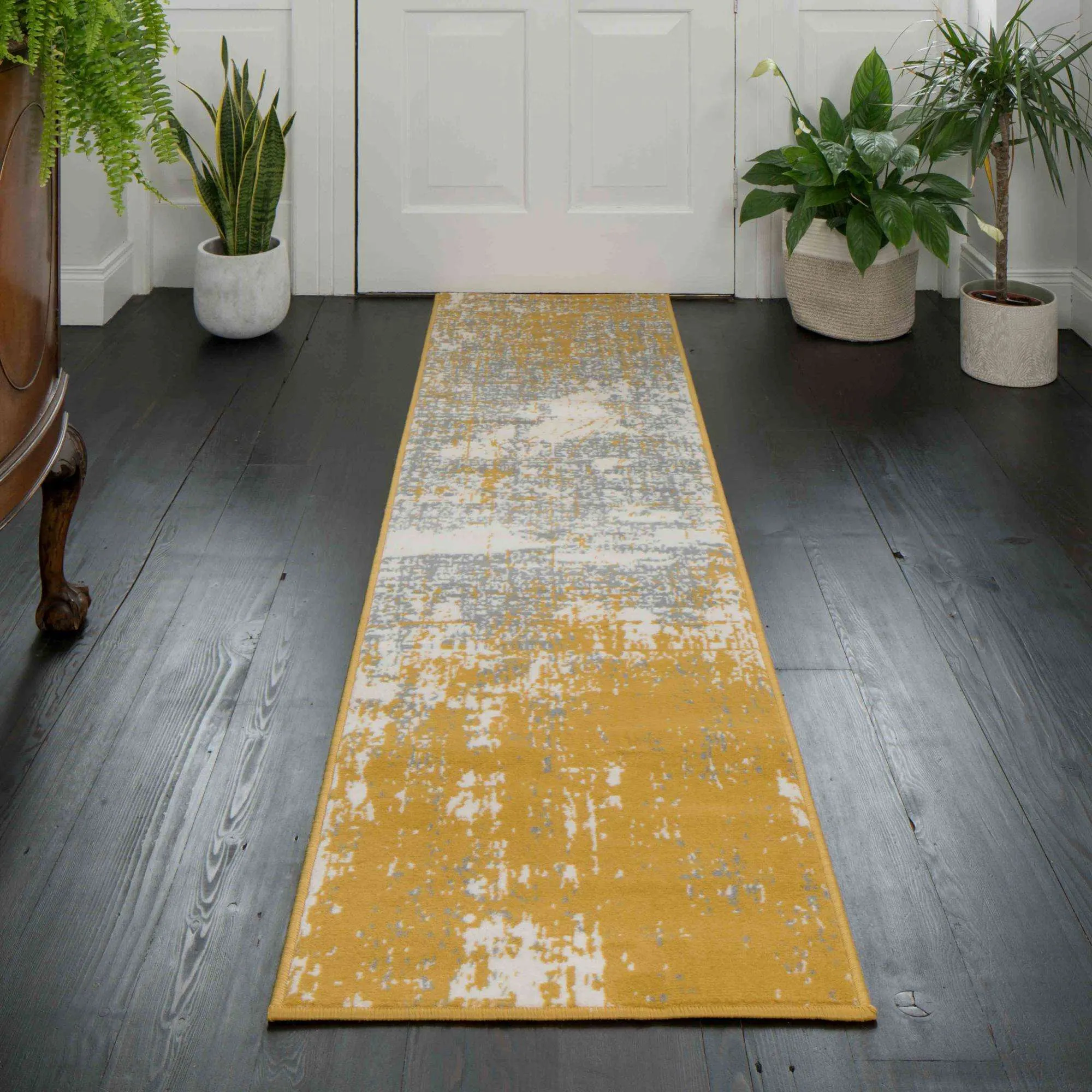 Yellow Grey Distressed Worn Look Living Room Rug