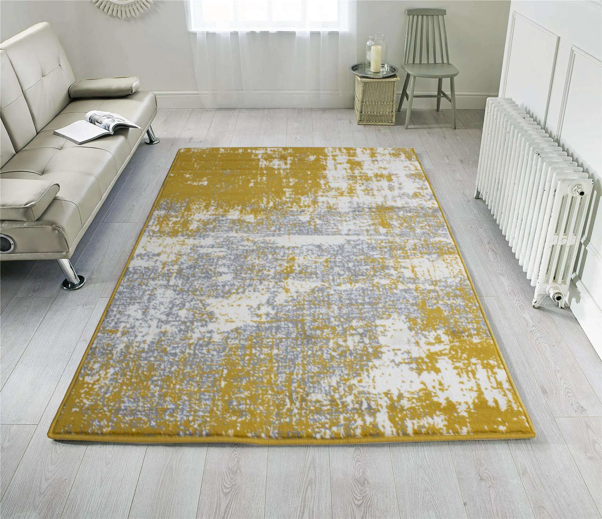 Yellow Grey Distressed Worn Look Living Room Rug